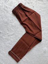 Premium Roman Silk Brown Embroidered Kurti Pant with Printed Dupatta Set