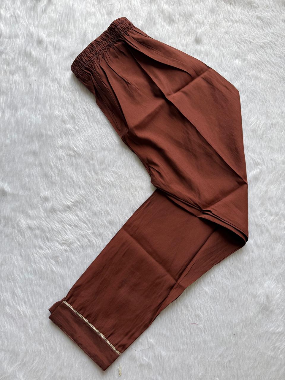 Premium Roman Silk Brown Embroidered Kurti Pant with Printed Dupatta Set