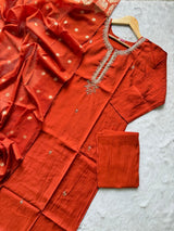 Orange Premium Silk Embroidered Kurti Pant & Dupatta Set