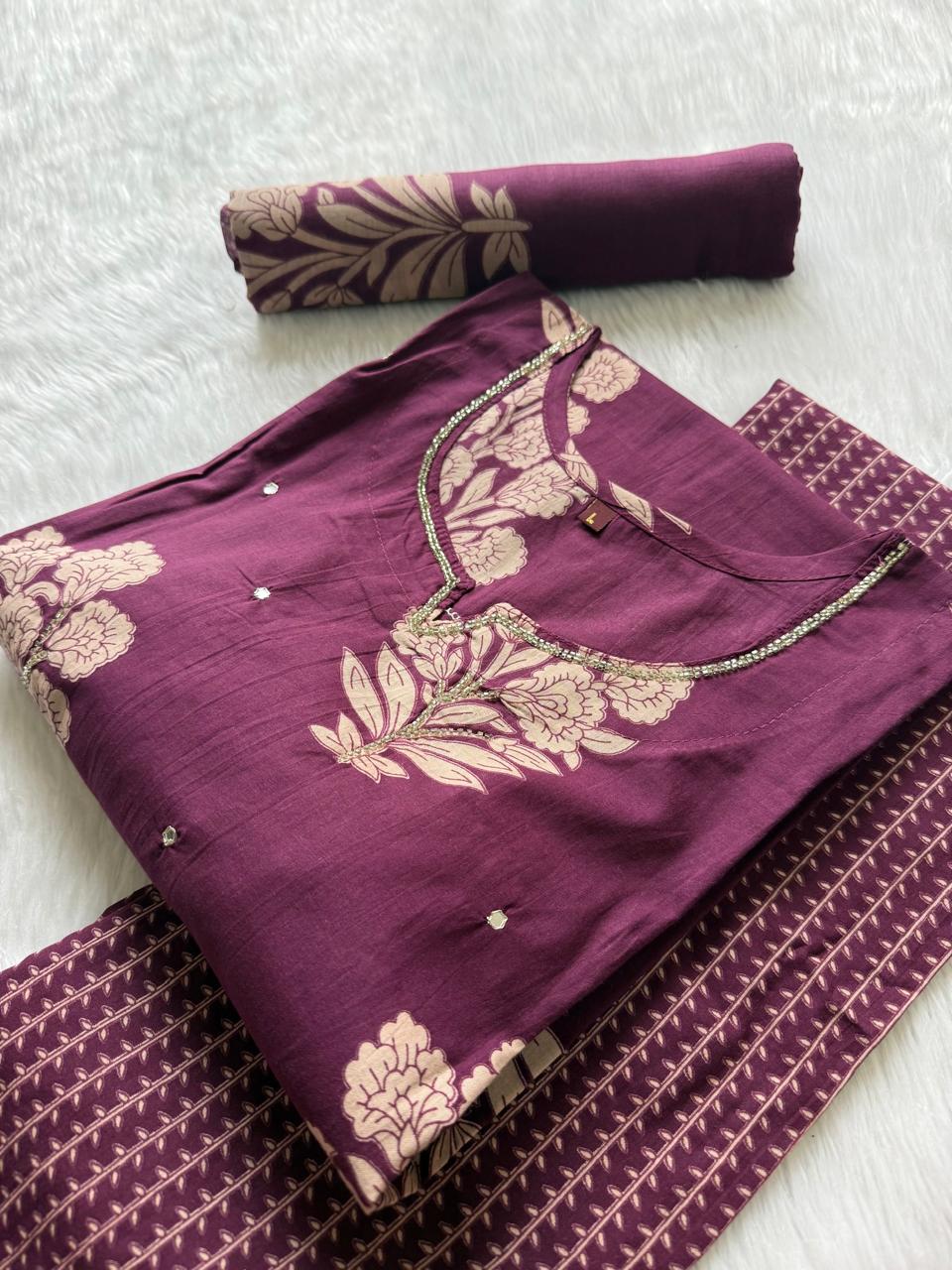 Wine Purple Floral Printed Cotton Kurti Pant Dupatta Set