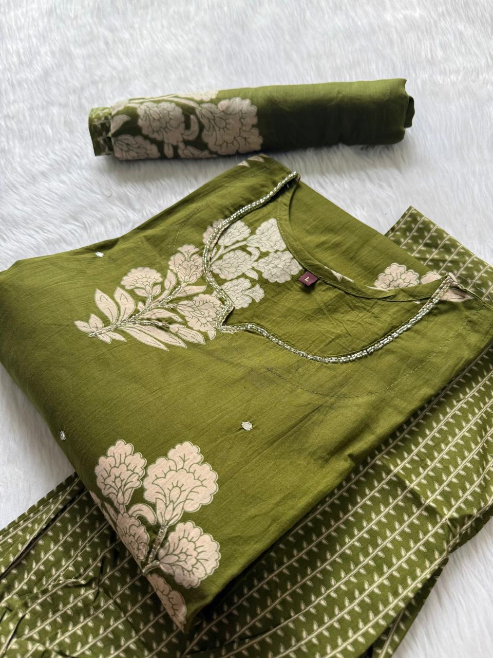 Olive Green Floral Print Cotton Kurti Pant & Dupatta Set