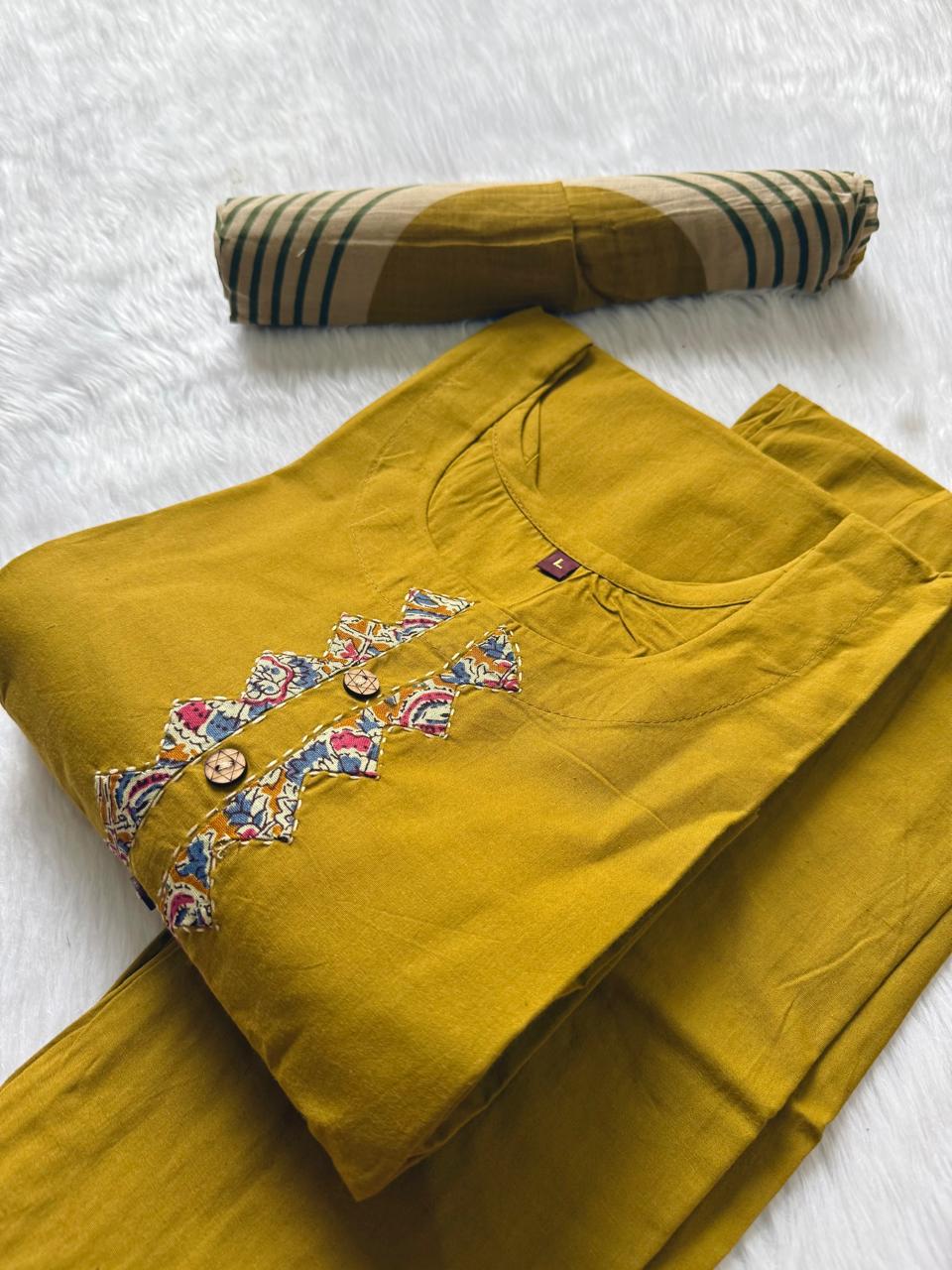 Dabu Cotton Mustard Appliqué Work Kurti Pant Dupatta Set