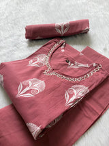 Cotton Dusty Rose Printed Kurti Pant Dupatta Set