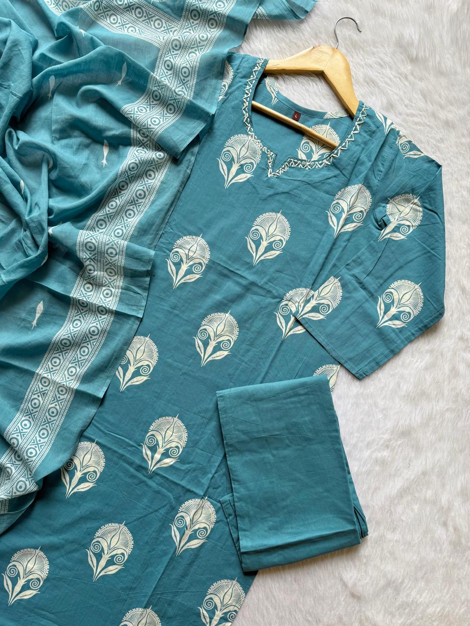 Cotton Teal Blue Printed Kurti Pant Dupatta Set