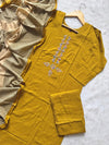 Dabu Cotton Mustard Appliqué Work Kurti Pant Dupatta Set