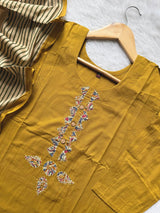 Dabu Cotton Mustard Appliqué Work Kurti Pant Dupatta Set