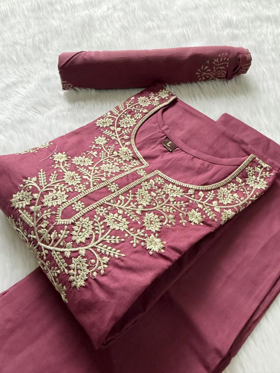Dusty Rose Dabu Cotton Embroidered Kurti Pant & Block Printed Dupatta Set