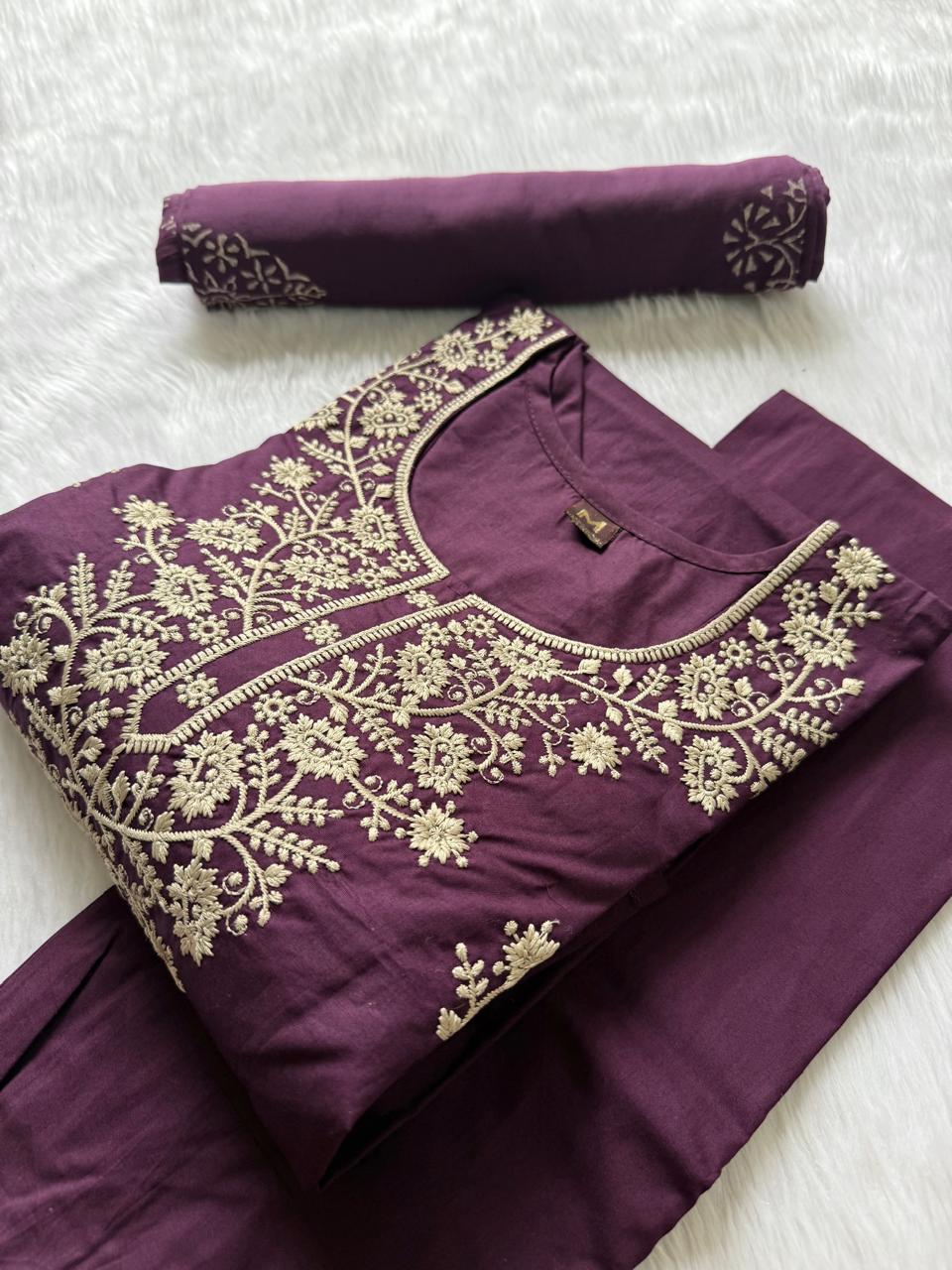 Dabu Cotton Embroidered Kurti Pant & Block Printed Dupatta Set