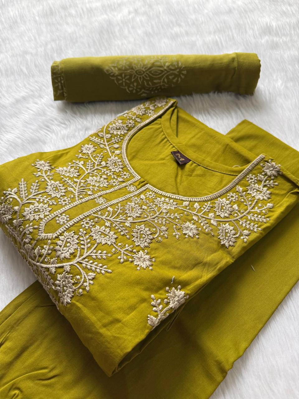 Mustard Yellow Dabhu Cotton Embroidered Kurti Pant Set with Block Printed Dupatta