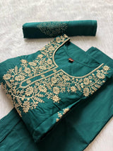 Teal Green Dabu Cotton Embroidered Kurti Pant & Block Printed Dupatta Set