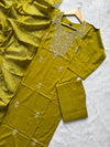 Mustard Yellow Dabhu Cotton Embroidered Kurti Pant Set with Block Printed Dupatta