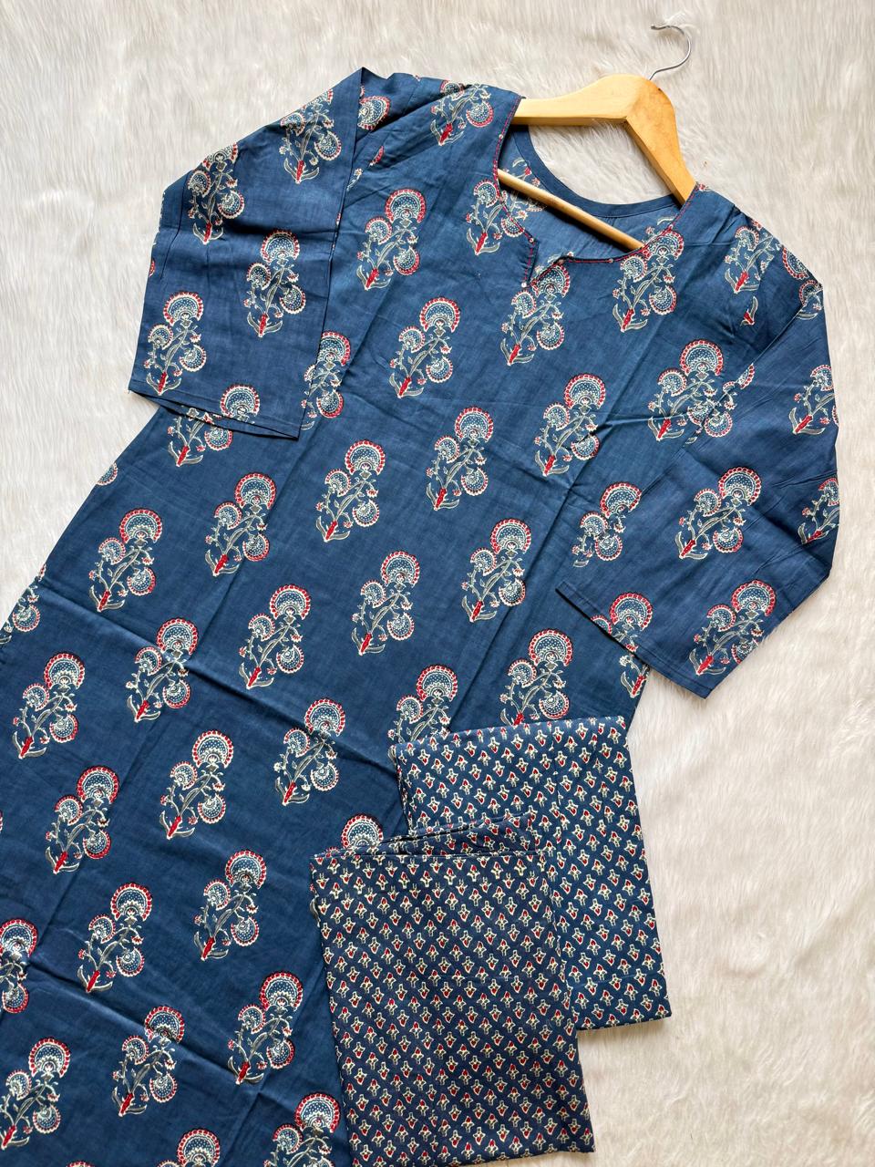 Cotton Blue Printed Kurti Pant & Dupatta Set