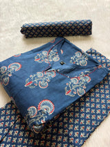 Cotton Blue Printed Kurti Pant & Dupatta Set