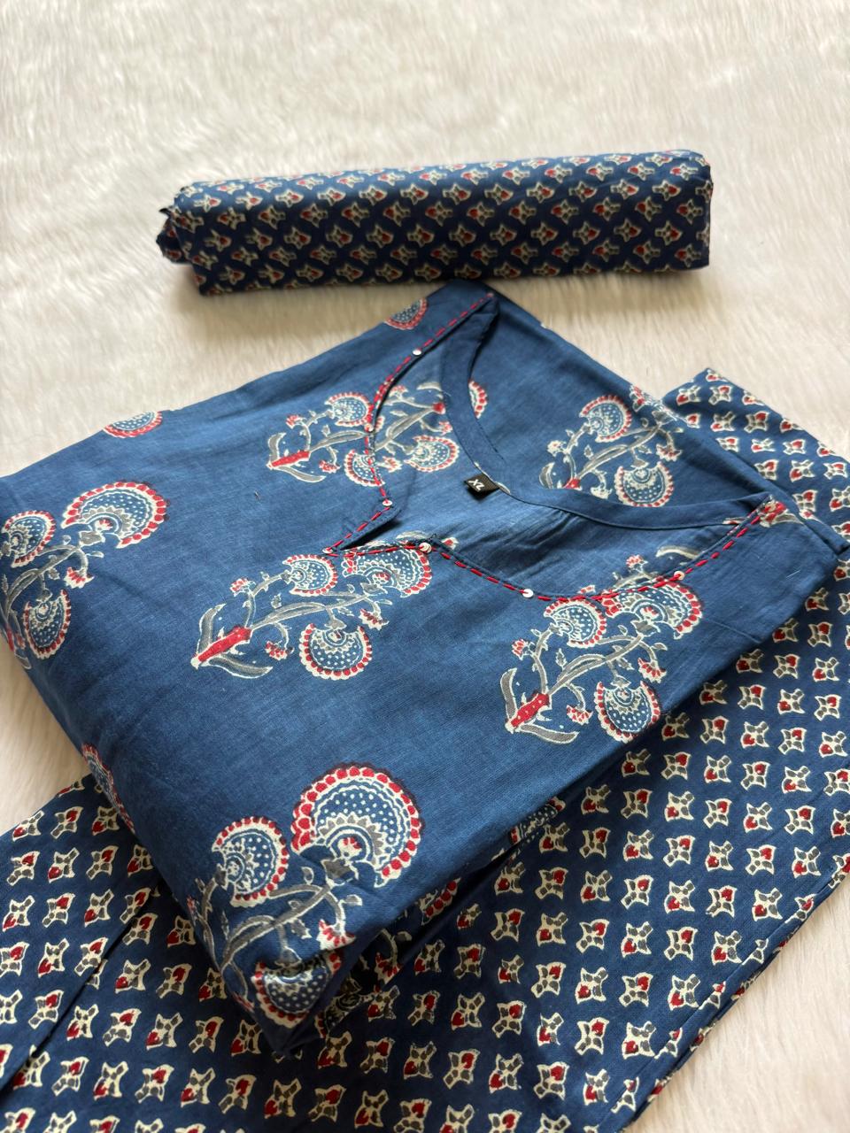 Cotton Blue Printed Kurti Pant & Dupatta Set