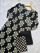 Black Floral Print Cotton Kurta Set with Pants and Matching Dupatta