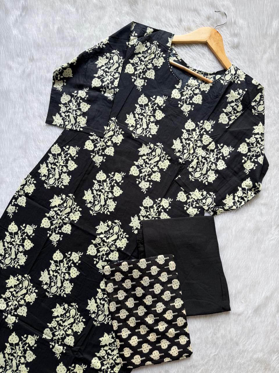 Black Floral Print Cotton Kurta Set with Pants and Matching Dupatta