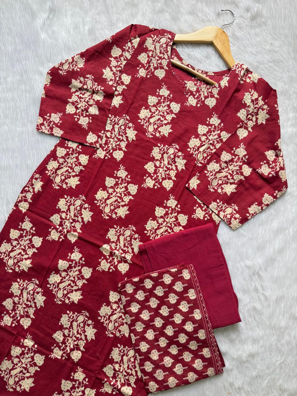 Maroon Floral Print Cotton Kurta Set with Pants and Matching Dupatta