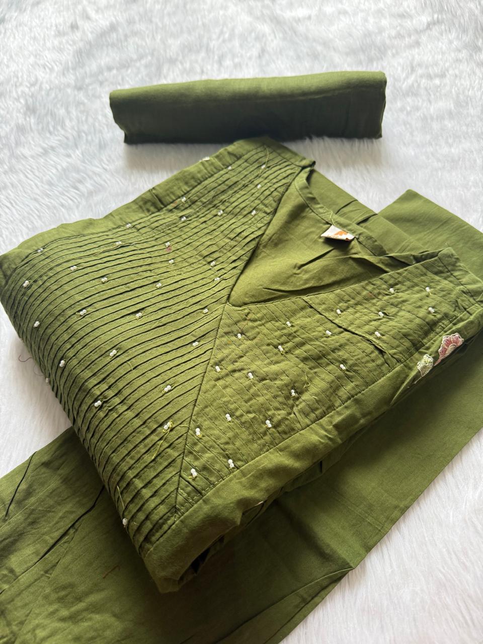 Olive Green Mul Cotton Embroidered Umbrella Kurti Set with Moti Work, Pants & Dupatta