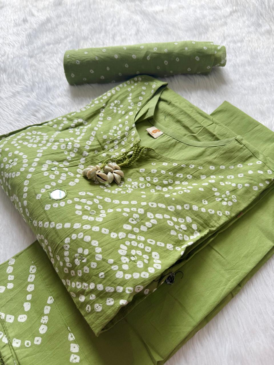 Lime Green Bandhej Print Mul Cotton Kurta Set with Mirror Accent Yoke, Shell Tassels, Pants & Dupatta