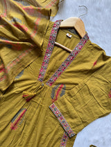 Olive Green Leaf Printed Mul Cotton Kurta Set with Mirror Work Neckline, Pants & Dupatta