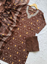 Chocolate Brown Ikat Print Mul Cotton Kurta Set with Embroidered Neckline, Pants & Dupatta
