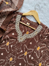 Chocolate Brown Ikat Print Mul Cotton Kurta Set with Embroidered Neckline, Pants & Dupatta