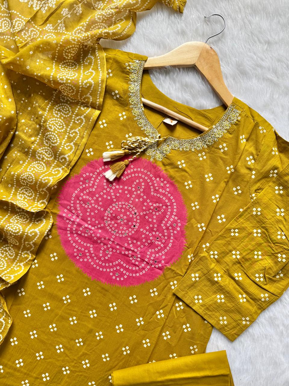 Mustard Yellow Bandhani Print Mul Cotton Kurta Set with Neckline Embroidery, Pants & Dupatta