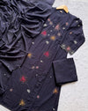 Midnight Black Floral Embroidered Mul Cotton Kurta Set with Cutwork Sleeves, Trousers & Dupatta