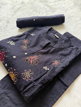 Midnight Black Floral Embroidered Mul Cotton Kurta Set with Cutwork Sleeves, Trousers & Dupatta