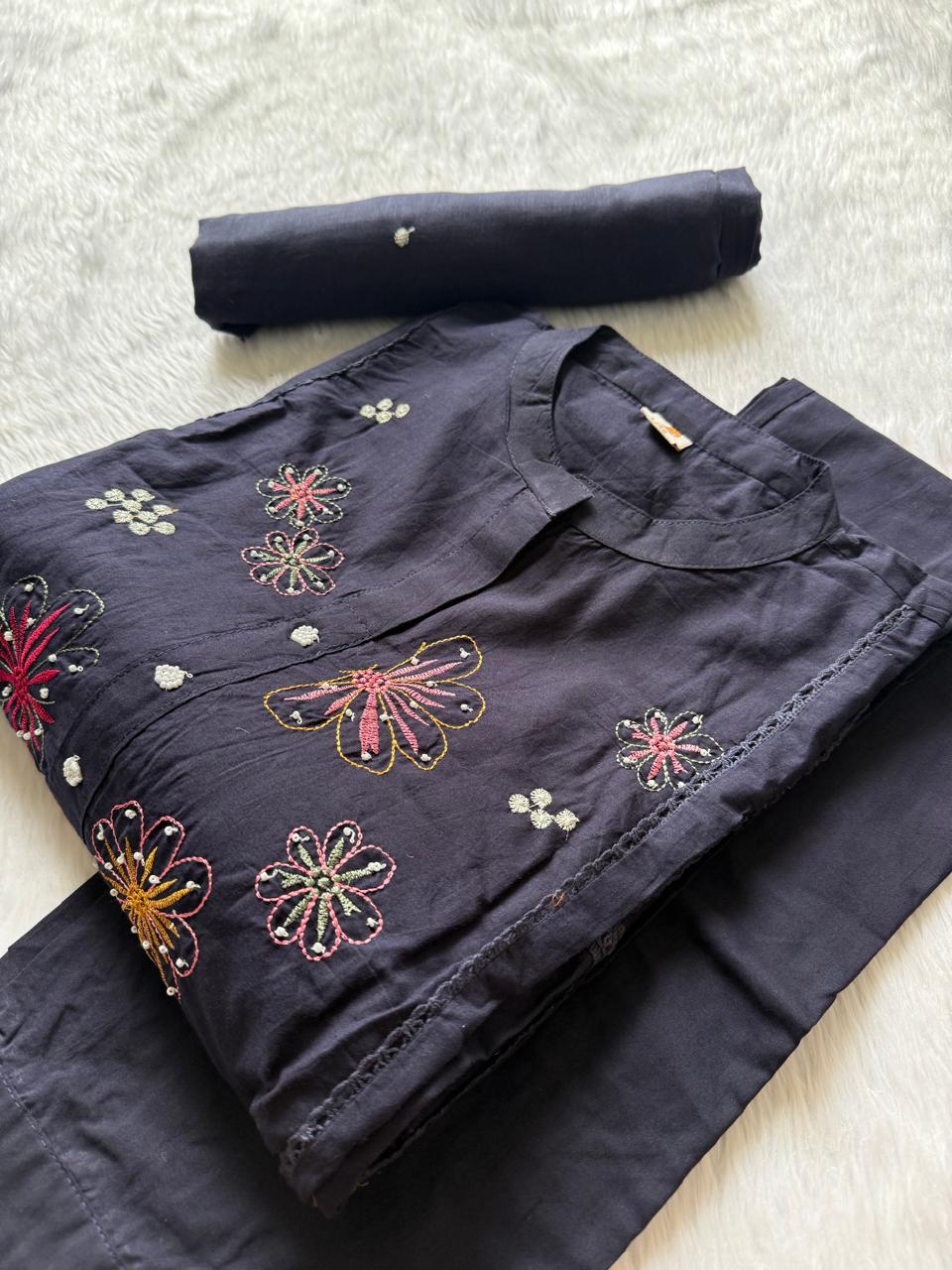 Midnight Black Floral Embroidered Mul Cotton Kurta Set with Cutwork Sleeves, Trousers & Dupatta