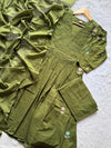 Olive Green Mul Cotton Embroidered Umbrella Kurti Set with Moti Work, Pants & Dupatta