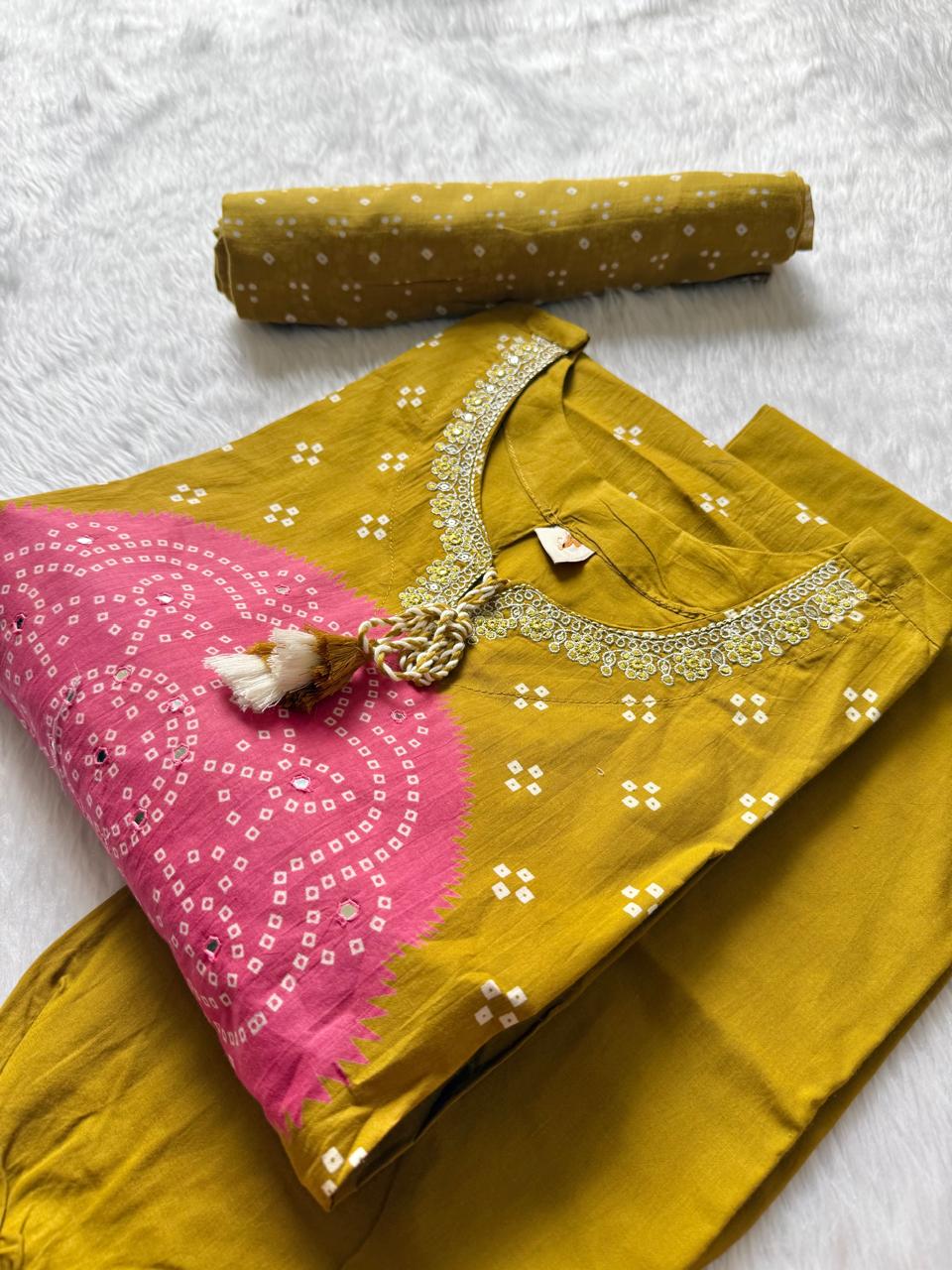 Mustard Yellow Bandhani Print Mul Cotton Kurta Set with Neckline Embroidery, Pants & Dupatta