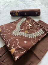 Chocolate Brown Ikat Print Mul Cotton Kurta Set with Embroidered Neckline, Pants & Dupatta