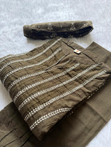 Dark Brown Printed Cotton A-Line Kurti Set with Embroidered Pintucks Yoke, Palazzo Pants & Dupatta