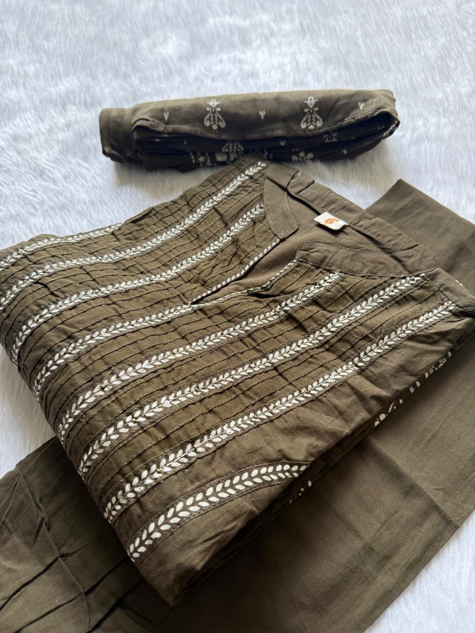 Dark Brown Printed Cotton A-Line Kurti Set with Embroidered Pintucks Yoke, Palazzo Pants & Dupatta