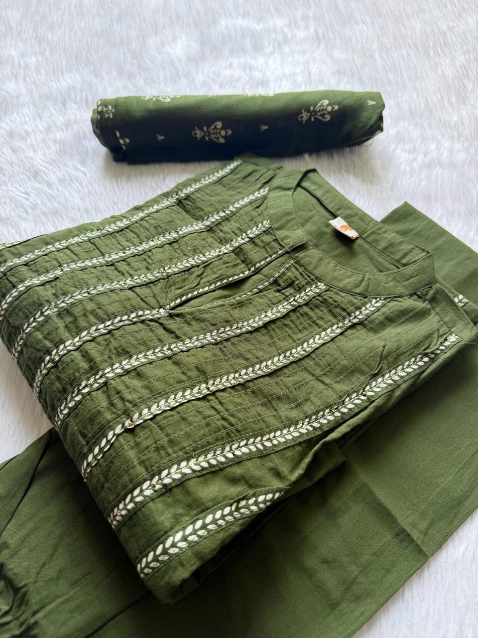 Olive Green Printed Cotton A-Line Kurti Set with Embroidered Pintucks Yoke, Palazzo Pants & Dupatta