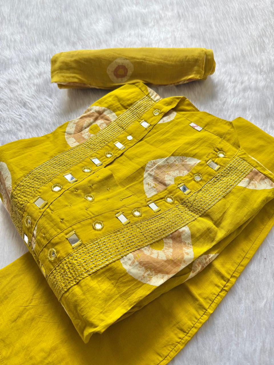 Yellow Shibori Print Cotton Anarkali Kurta Set with Mirror Work Neckline, Trousers & Dupatta
