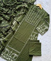 Olive Green Printed Cotton A-Line Kurti Set with Embroidered Pintucks Yoke, Palazzo Pants & Dupatta