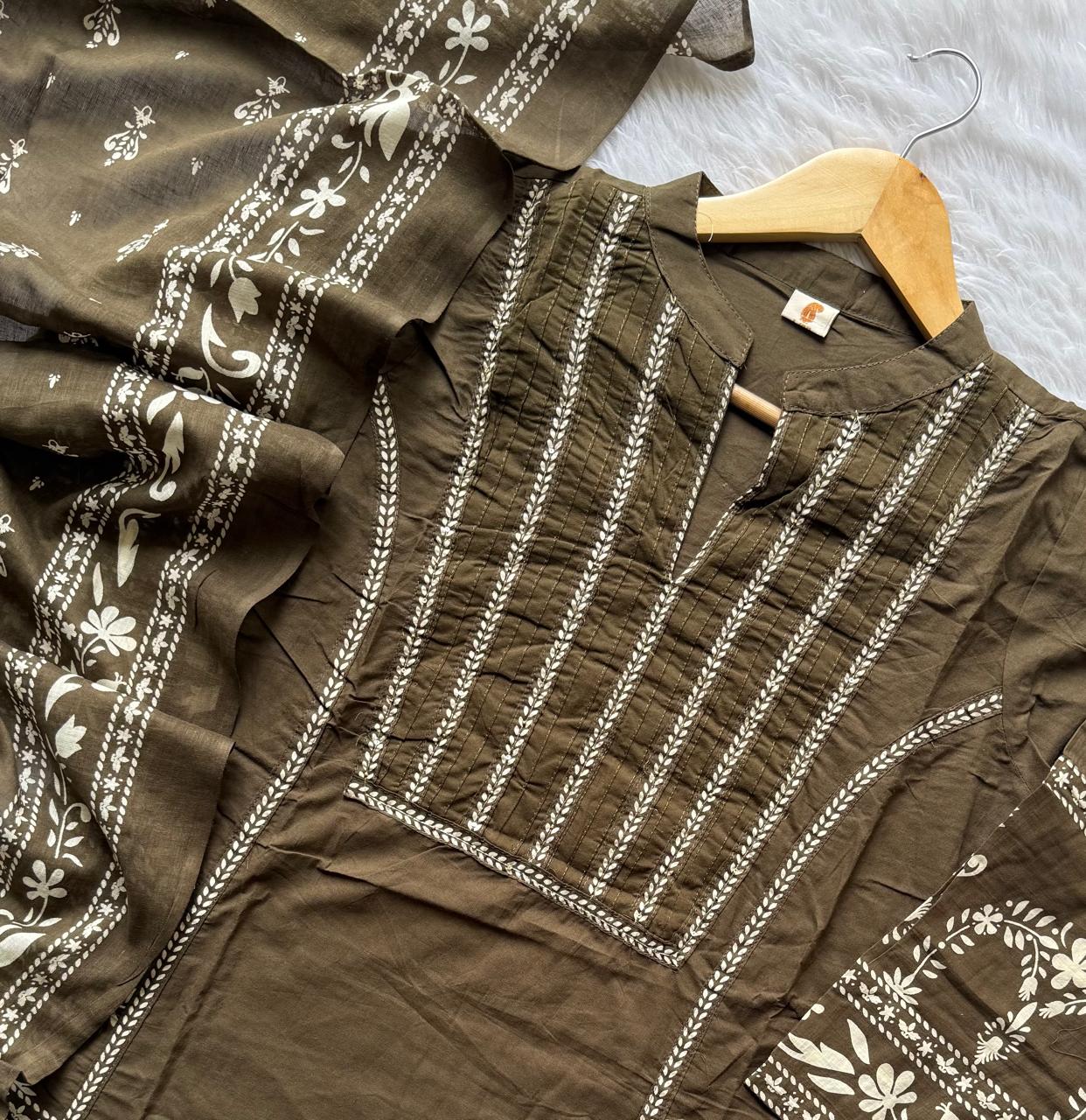 Dark Brown Printed Cotton A-Line Kurti Set with Embroidered Pintucks Yoke, Palazzo Pants & Dupatta