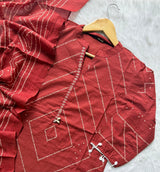 Brick Red Bandhani Print Mul Cotton Kurta Set with Mirror Work Placket, Trousers & Dupatta