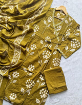Mustard Yellow Angrakha Style Floral Printed Cotton Kurti Set with Embroidered V-Neck, Pants & Dupatta