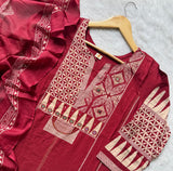 Maroon Red Geometric Printed Mul Cotton Kurti Set with Embroidered Mirror Yoke, Wide-Leg Palazzo Pants & Dupatta