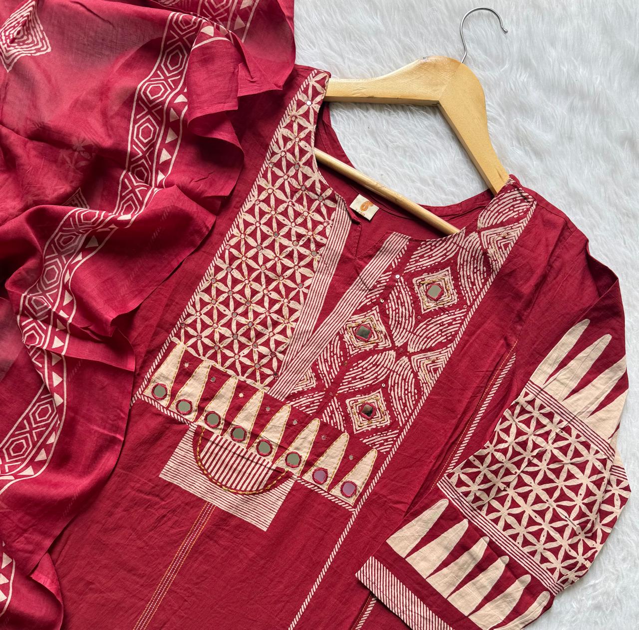 Maroon Red Geometric Printed Mul Cotton Kurti Set with Embroidered Mirror Yoke, Wide-Leg Palazzo Pants & Dupatta