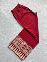 Maroon Red Geometric Printed Mul Cotton Kurti Set with Embroidered Mirror Yoke, Wide-Leg Palazzo Pants & Dupatta