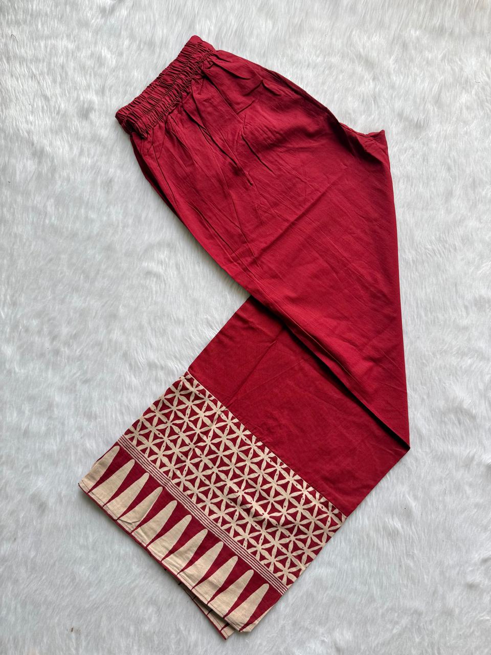 Maroon Red Geometric Printed Mul Cotton Kurti Set with Embroidered Mirror Yoke, Wide-Leg Palazzo Pants & Dupatta