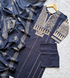 Navy Blue Geometric Printed Mul Cotton Kurti Set with Mirror Work Yoke, Wide-Leg Palazzo Pants & Dupatta