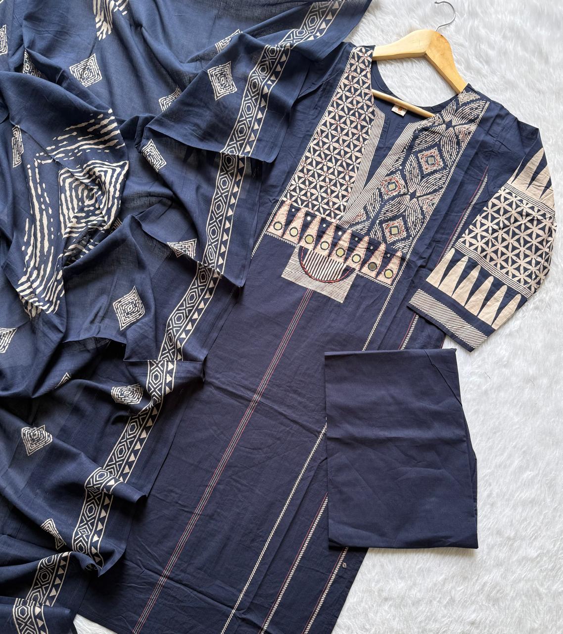 Navy Blue Geometric Printed Mul Cotton Kurti Set with Mirror Work Yoke, Wide-Leg Palazzo Pants & Dupatta