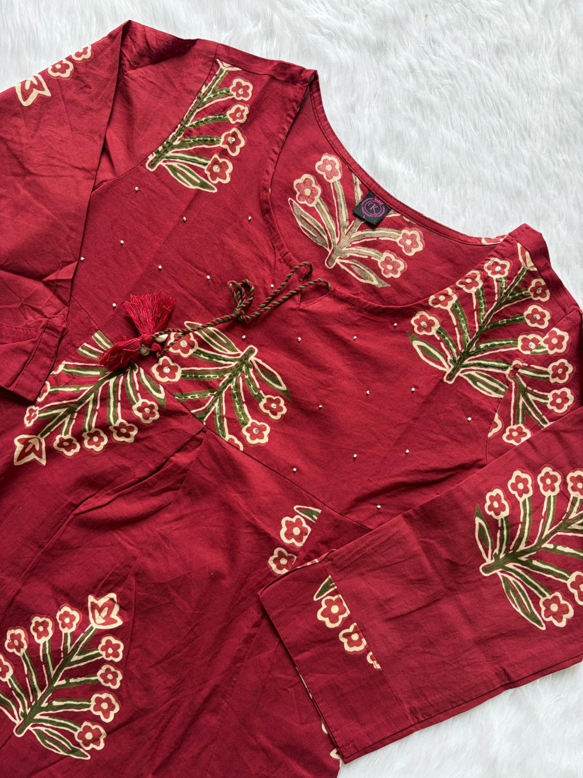 Maroon Floral Printed Short Kurti Co-Ord Set with Embroidered Pants
