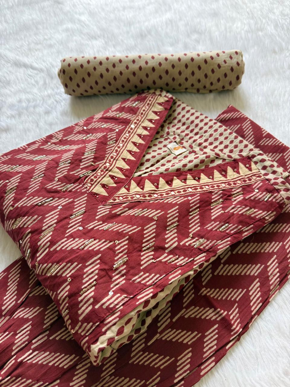Maroon Printed Cotton Kurti Pant & Dupatta Set