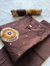 Brown Bandhej Print Cotton Kurti Palazzo & Dupatta Set